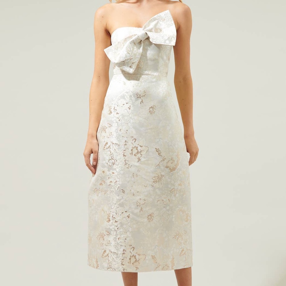 Ivory Jacquard Bow Strapless Midi Dress